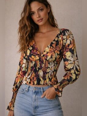 WAYF Floral Smocked Crop Top – XS 🌸✨ NWT
